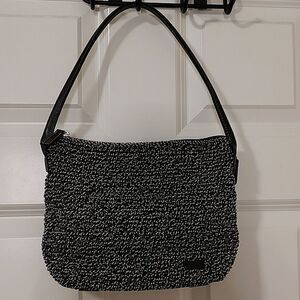Le Sac Elliott Lucca Crocheted Leather Shoulder Bag Black White Tweed